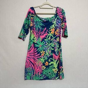 Lilly Pulitzer Laurana Dress L Off Shoulder Navy Tropical Print 3/4 Sleeves